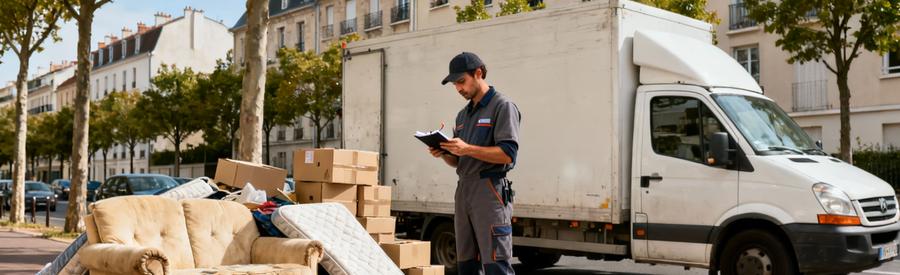 Professionnel Evaluation Encombrants Trottoir Antony Professionnel évaluant des encombrants sur trottoir à Antony avant collecte avec carnet et camion en arrière-plan