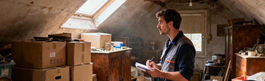 Professionnel évaluant encombrants accumulés dans grenier à Noisy-le-Grand avant intervention de désencombrement