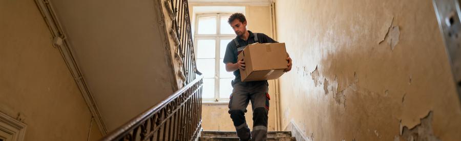 Professionnel transportant un carton dans l'escalier étroit d'un immeuble sans ascenseur à Alfortville