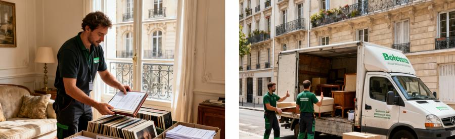 Professionnel effectuant tri succession avec soin et chargement camionnette pour vide-maison à Courbevoie