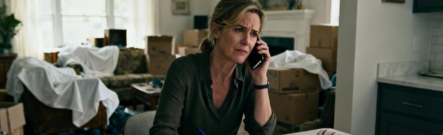 Femme fatiguée au téléphone cherchant un débarrasseur, entourée de notes et d'un intérieur encombré à Fontaine