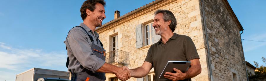 Satisfaction Client Debarras Aubenas Confiance Professionnels Client satisfait serrant la main d'un débarrasseur professionnel devant maison ardéchoise à Aubenas après prestation