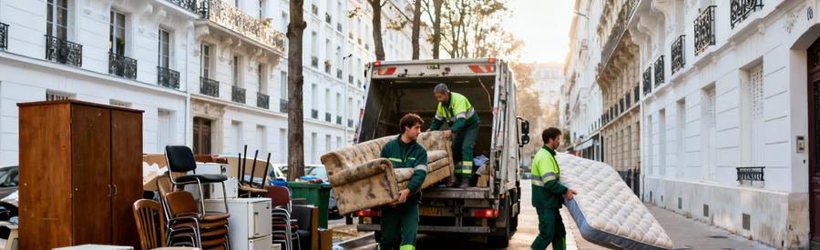 Agent municipal en pied chargeant encombrants canapé matelas camion rue 16ème arrondissement Paris