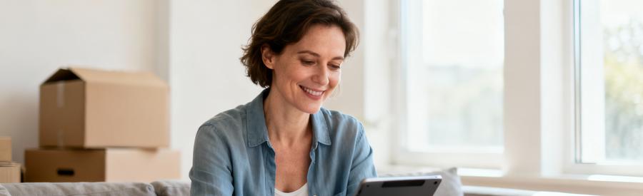 Femme utilisant tablette pour demande de devis débarras en ligne, solution simple et rapide à Échirolles