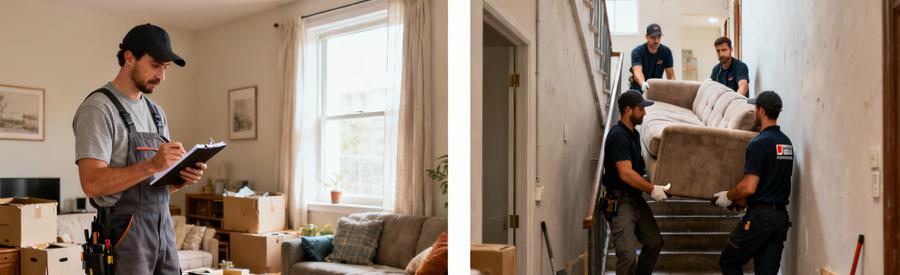 Professionnels évaluant puis évacuant mobilier lors d'un débarras de succession à Épinay-sur-Seine