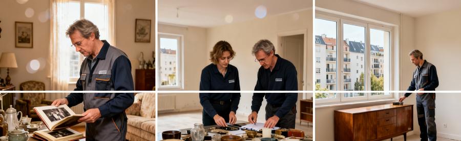 Professionnels triant effets personnels succession et évaluant mobilier appartement locatif Aulnay-sous-Bois