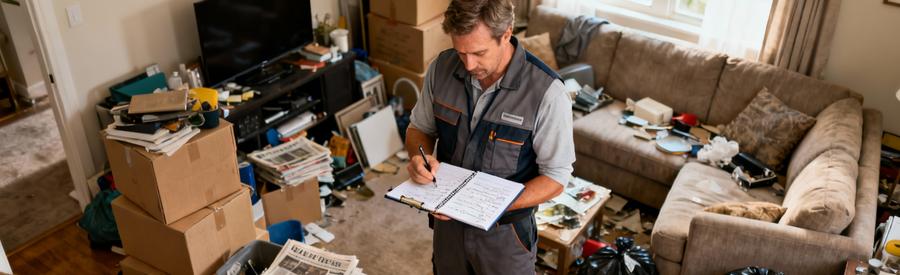 Specialiste Evaluation Encombrement Severe Diogene Spécialiste évaluant situation encombrement sévère avec carnet intervention pour débarras Diogène