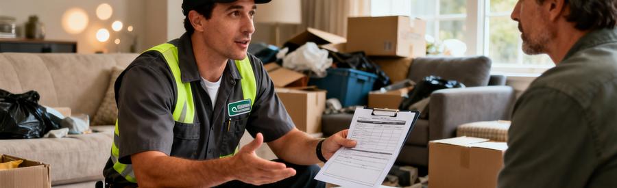 Professionnel présentant les tarifs de débarras maison à un client avec évaluation personnalisée