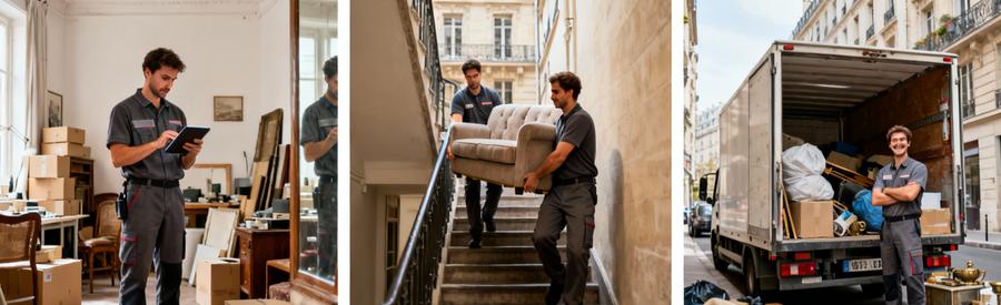 Triptyque débarras Paris 10ème : évaluation studio, portage escalier, chargement camion avec débarrasseurs en pied