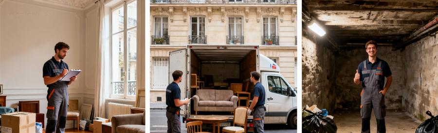 Triptyque débarrasseurs professionnels en pied : devis studio, chargement appartement, cave vidée Paris 16ème