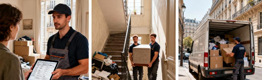 Triptyque débarras Paris 18ème : devis, transport escalier, chargement camionnette avec débarrasseurs en pied