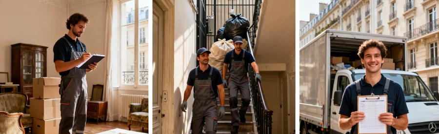 Triptyque débarrasseurs en pied : évaluation studio, transport escalier, évacuation camionnette Paris 19ème