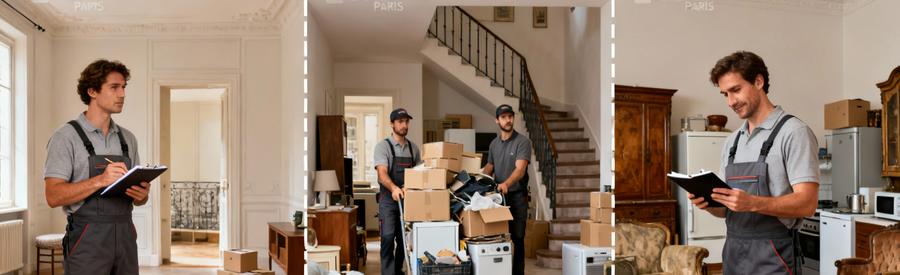 Triptyque débarrasseurs en pied évaluant volumes studio, appartement encombré et objets valorisables Paris 20ème