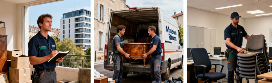 Trois situations débarras Puy-de-Dôme : débarrasseurs en pied évaluant appartement, chargeant meubles, vidant local