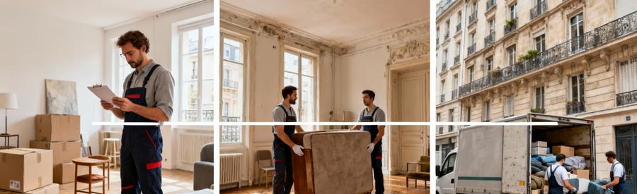 Comparaison volumes débarras studio F3 maison avec professionnels évaluant encombrants arrondissement parisien