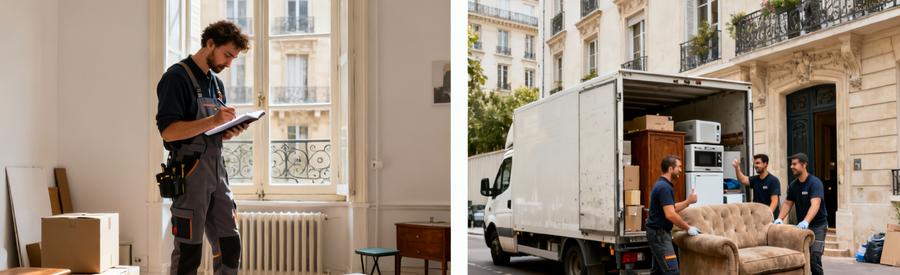 Comparaison visuelle des interventions : petit studio avec quelques objets versus grande maison avec nombreux encombrants