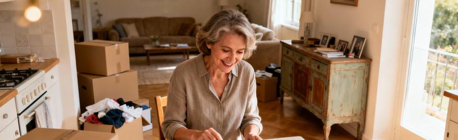 Femme senior comparant offres débarras succession sur tablette dans maison familiale Romans-sur-Isère