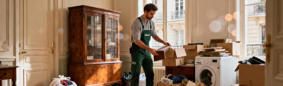 Professionnel organisant tri écologique encombrants pour don et recyclage dans appartement Paris 11ème arrondissement