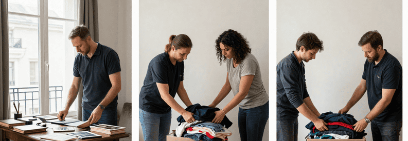 Professionnels triant avec respect documents et objets personnels lors vide-maison succession à Asnières-sur-Seine