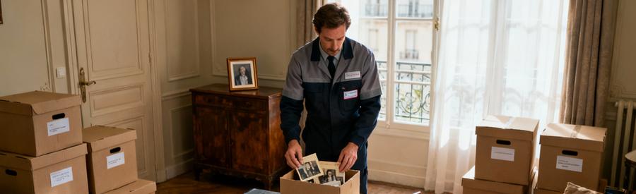 Débarrasseur triant avec soin objets personnels et souvenirs lors vidage logement succession à Argenteuil