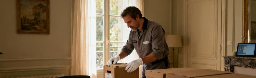 Tri Objets Personnels Succession Ivry Seine Professionnel triant avec soin objets personnels et documents lors d'une succession à Ivry-sur-Seine