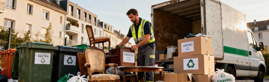 Professionnel organisant tri sélectif encombrants pour recyclage et don associations Le Mée-sur-Seine