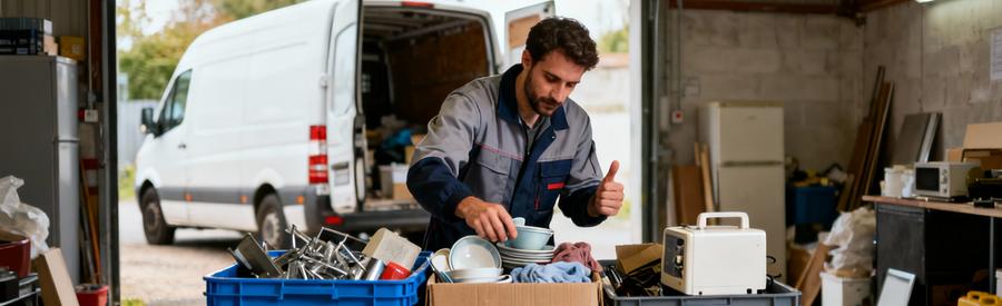 Tri Selectif Professionnel Dechets Sarcelles Débarrasseur professionnel effectuant un tri sélectif méticuleux des objets dans un garage à Sarcelles (95)