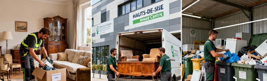 Processus tri sélectif encombrants : évaluation objets, chargement vers ressourcerie, dépôt déchetterie agréée