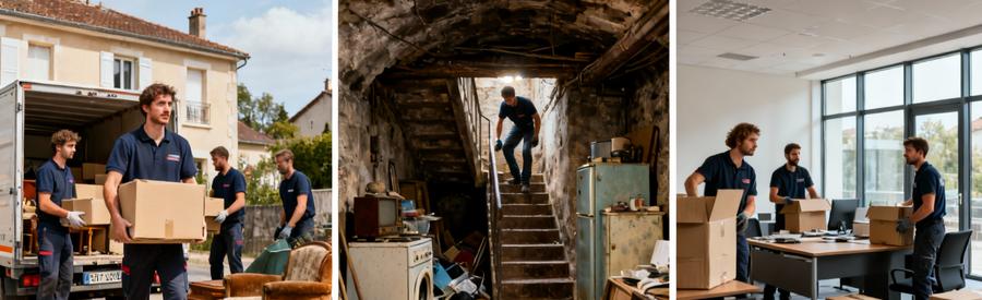 Trois types de débarras à Annonay : succession maison, cave encombrée et local commercial par professionnels