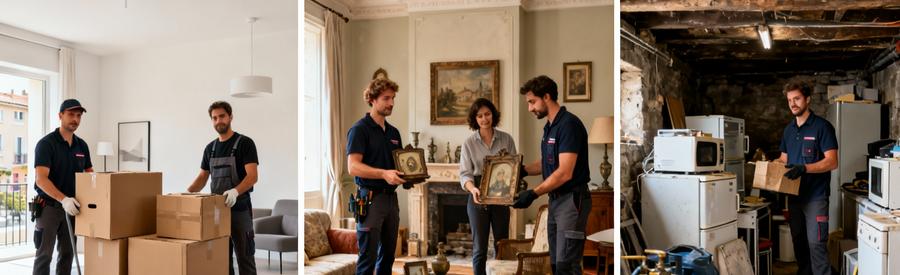 Trois types de débarras à Romans-sur-Isère : appartement vente, succession maison, cave encombrée par professionnels