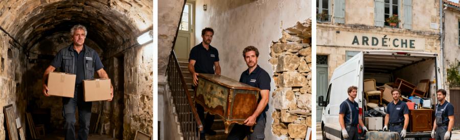 Types Debarras Aubenas Cave Maison Complete Triptyque montrant trois échelles de débarras à Aubenas : vide-cave, escalier maison ancienne, chargement complet