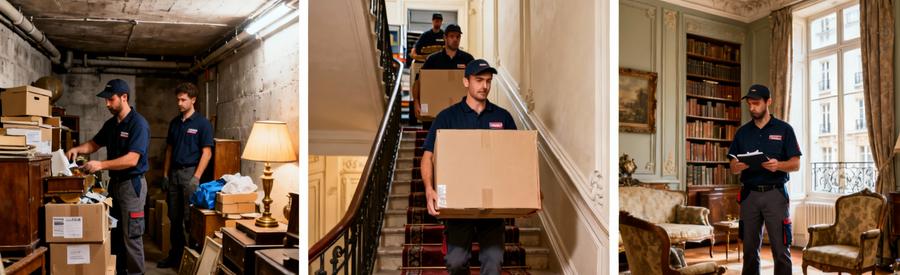 Triptyque débarrasseurs en pied : tri cave, évacuation escalier, estimation antiquités salon parisien 16ème