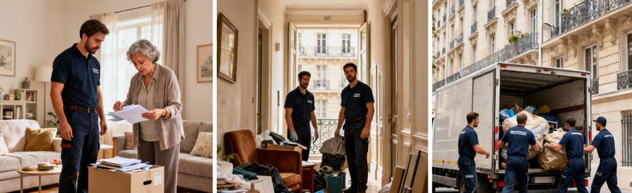 Triptyque débarras Paris 17ème : succession délicate, intervention standard et urgence avec débarrasseurs en pied