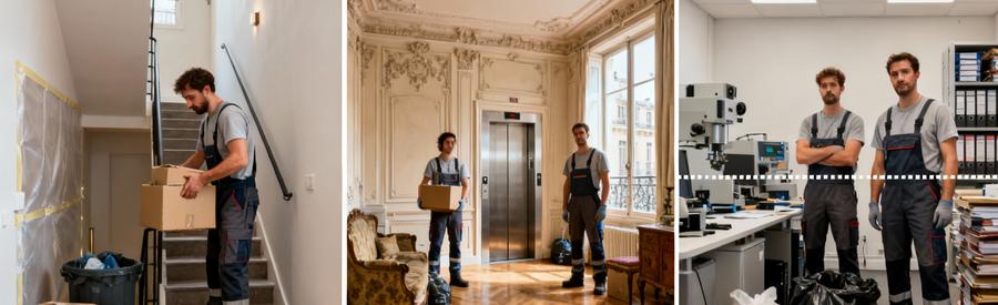 Triptyque débarrasseurs en pied : studio 20m², appartement haussmannien 150m², local commercial Paris 9ème