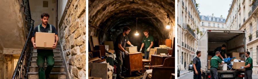 Professionnels évacuant encombrants escaliers étroits, caves et rues Aubervilliers, adaptation contraintes immeubles anciens