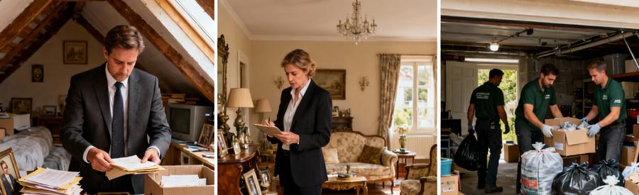 Professionnels triant documents et objets personnels lors débarras succession résidentielle aux Mureaux
