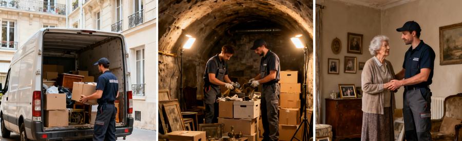 Professionnels réalisant différentes interventions vide-maison dans arrondissement parisien : habitation, cave, succession