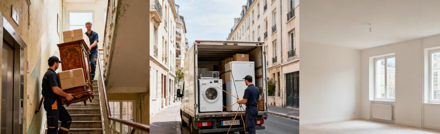 Étapes vide-maison complet Champs-sur-Marne : évacuation escaliers, chargement camionnette, appartement vidé prêt location