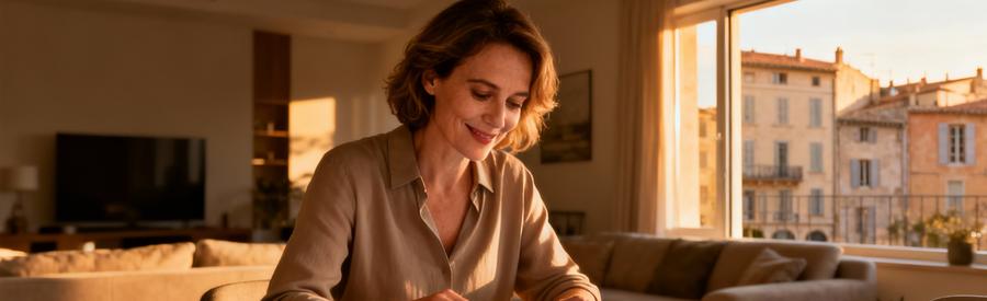 Femme utilisant une tablette pour comparer des offres de débarras à Montélimar via plateforme en ligne