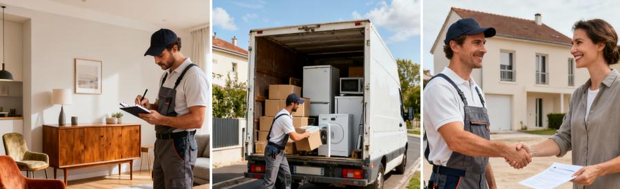 Professionnel évaluant meubles vintage pour réduire tarifs vide-maison, chargement camionnette et accord client