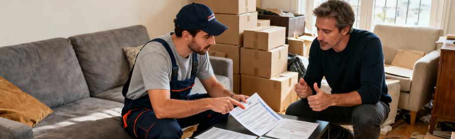 Professionnel débarras montrant certificats assurance et agréments à client Courbevoie avant intervention vide-maison