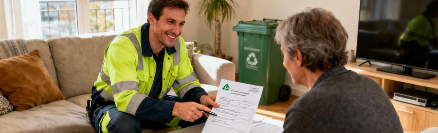 Verification Professionnelle Debarrasseur Sarcelles Débarrasseur professionnel présentant ses certifications et assurances à un client lors d'une intervention à Sarcelles