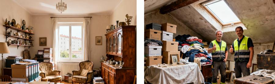 Intérieurs encombrés typiques à Évry : appartement centre-ville et grenier de pavillon avec mobilier et archives familiales