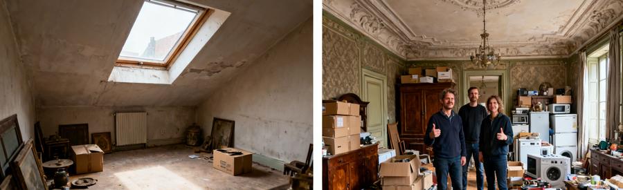 Comparaison visuelle : petit grenier semi-vide versus grande maison complètement encombrée, illustrant la variabilité des interventions de débarrassage