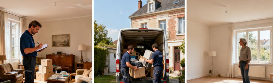 Processus complet débarras Arras : évaluation professionnelle, chargement rapide, salon transformé et vide