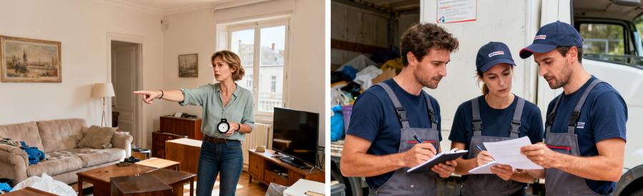 Processus SuperDebarras à Beauvais : client décrivant son besoin en 2 minutes, puis débarrasseurs professionnels analysant la demande et envoyant leurs propositions