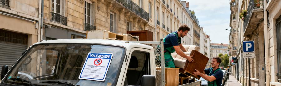 Camion Professionnel Autorisation Stationnement Villeurbanne Camion de débarras avec autorisation de stationnement en centre-ville de Villeurbanne lors d'une intervention