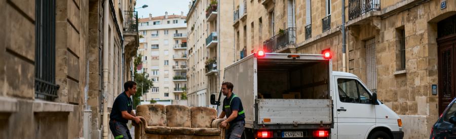Camionnette Debarras Rue Etroite Villeurbanne Professionnels du débarras chargeant mobilier dans camionnette stationnée rue étroite de Villeurbanne entre immeubles serrés