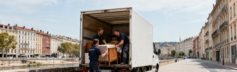 Camionnette Debarras Stationnement Quai Vaise Lyon Camionnette de débarras stationnée sur quai spacieux à Vaise Lyon 9, professionnels chargeant meubles, accès facile