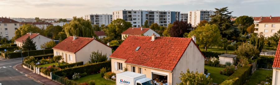 Camionnette de débarrasseur dans quartier pavillonnaire de Franconville avec vue aérienne sur le Val-d'Oise